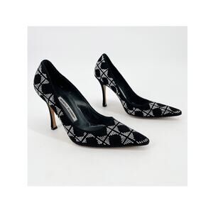 Manolo Blahnik Black Suede Crystal Embellished Pointed Toe Pumps Heels IT 39.5